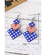 Dark Blue Geometric Wooden Star Stripe Flag Dangle Earrings - $76.39 MXN