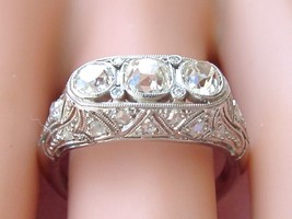Antique Art Deco Chunky Old Mine Diamond Platinum 3-STONE Anniversary Ring c1930 - £3,600.71 GBP