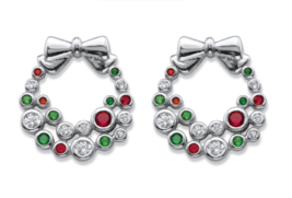Red White Green Cz Crystal Holiday Wreath Earrings Silvertone - £55.05 GBP
