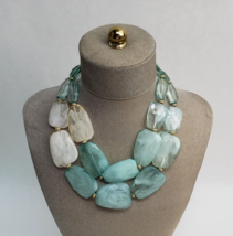 Double Strand Chunky Beaded Necklace Green Cream Approx. 20&quot; - £31.49 GBP
