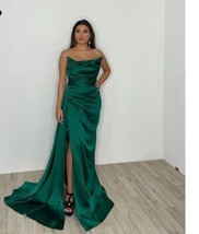 Modern Emerald Green Satin Long Evening Dresses Strapless Pleats Prom Gowns - £126.71 GBP