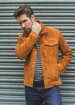 Mens Brown Leather Trucker Jacket Pure Suede Custom Made Size S M L XL 2XL 3XL - £120.98 GBP