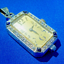 Earth mined Diamond Sapphire Deco Watch Antique Platinum Statement Pendant 1920s - $5,239.19 CAD