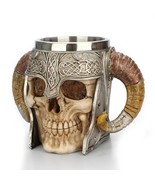 3D Viking Skull Beer Mug - Stainless Steel Horned Coffee Cup  - $41.14 CAD
