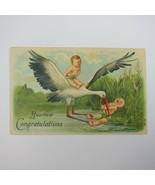 Postcard Comic Birth Announcement Two baby boy Stork Pond Antique 1909 E... - £7.51 GBP