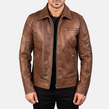 Jacket Leather Biker Motorcycle Mens Coat Vintage Bomber Lambskin Slim Brown 105 - £38.44 GBP+