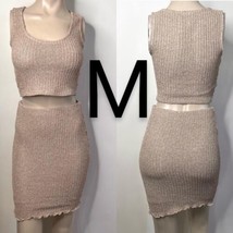 Very Sexy Coffee Brown Tan Knit Crop Top &amp; Mini Skirt Two Piece Set~Size M - £34.36 GBP