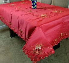70&quot;&quot; Square Red Embroidery Christmas Poinsettia Candle Tablecloth W/ 8 Napkins - £85.91 GBP
