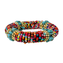 Tribal Navajo Style Handmade Multi Color Beads and Tuquoise Stretch Bracelet - £12.10 GBP