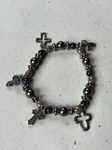 Dark Blue Taupe &amp; Silver Bead w 925 Marked Sterling CROSS Charms Stretch Bracele - £30.73 GBP