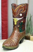 Rustic Western Texas Longhorn Faux Crocodile Prints Cowboy Boot Vase Figurine - £22.37 GBP