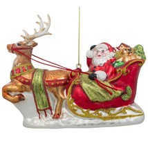 Santa on Sleigh with Reindeer Glass Christmas Ornament 5.7 Inches - £44.10 GBP