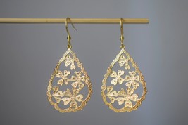 Teardrop flower earrings, Ornament earrings, 18k gold plated, Long filigree earr - $33.99