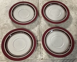 Set of 4 ~ Sango Carousel Stoneware Saucer Plates ~ Cranberry &amp; Brown Ba... - $13.55