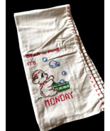 Vtg Embroidered Tea Towel Linen Monday Day of the Week Bear Bubble Bath MCM - £29.40 GBP