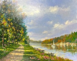 Alex Perez Fluss Promenade Original Öl auf Leinwand Landschaft Kunst - £164.37 GBP