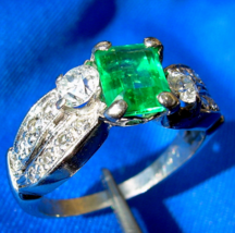 Earth mined Emerald Diamond Deco Engagement Ring Vintage Platinum Solitaire - $4,553.01