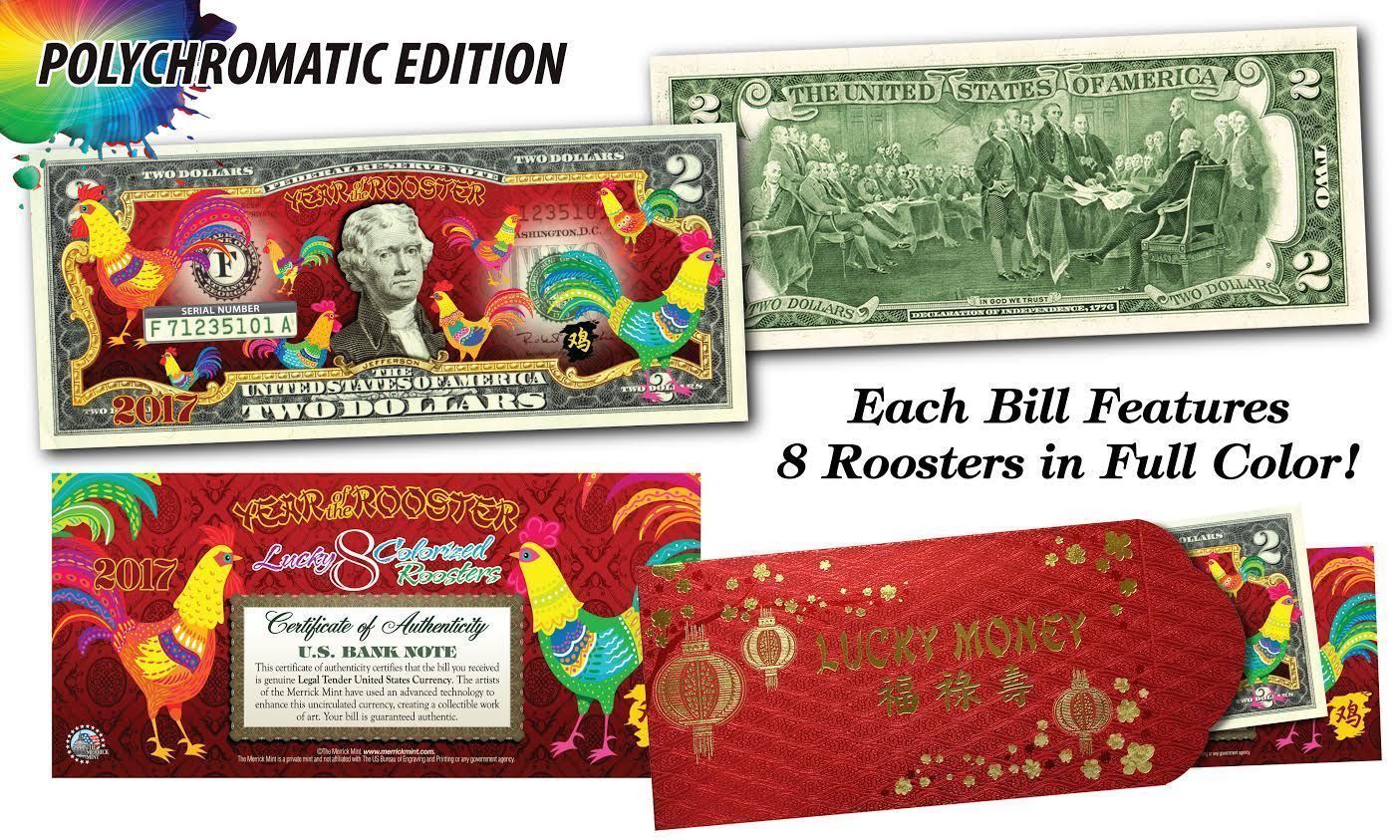 USA $2 Bill 2017 Chinese New YEAR OF Rooster Polychromatic Red Envelop Certifed - £14.78 GBP