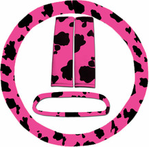Steering wheel cover, seat belt covers &amp; rear view mirror cover Pink Cow print - £14.52 GBP
