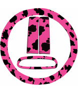 Steering wheel cover, seat belt covers &amp; rear view mirror cover Pink Cow... - $25.41 CAD