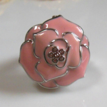 Vintage BWC Pink Enamel Clear Rhinestone Flower Ring Watch Stretch -work... - $24.26