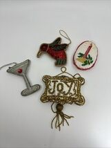 LOT of 4 Cloth Beaded Cross Stitch Ornaments Christmas JOY Gold Ornate 4&quot; - $13.00