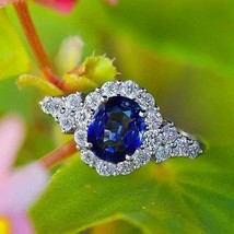 2.00Ct Oval Cut Blue Sapphire Halo Engagement Ring 14K White Gold Finish - £89.36 GBP