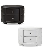 Oval Faux Leather Nightstand 2-Drawer Glamour White Black Crystal Tufted - $232.49 CAD