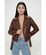 Chaqueta de piel de cordero de cuero marrón informal con estilo de fiest... - $205.64 CAD+