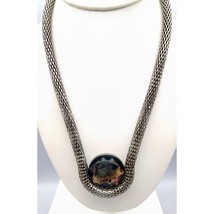 Vintage Mesh Rope Necklace, Silver Tone with Grey Cradled Crystal - £30.43 GBP