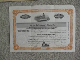 Vintage 1917 Stock Certificate Portage Refrigerator &amp; Heater Co 10 Shares - £17.15 GBP