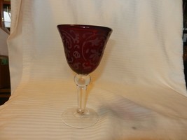 Vintage Large Red and Clear Glass Goblet With Etched White Filigree 7.25... - $30.40