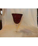 Vintage Large Red and Clear Glass Goblet With Etched White Filigree 7.25... - $30.40