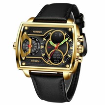 Foxbox Men Leather Watch Rectangle Big Dial Male Quartz Digital LED Wristwatch - £40.57 GBP