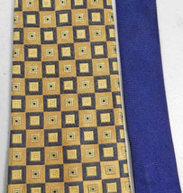 TOMMY HILFIGER Tie Necktie Square Grid Geometric Print Gold Blue Silk - $15.83