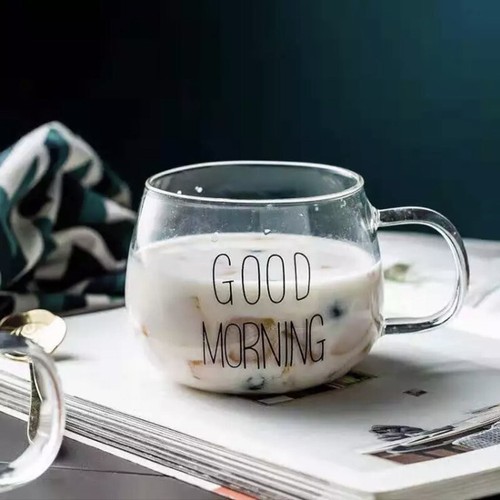New Coffee Tea Milk Clear &quot;Good Morning&quot; Set of 2  Cups Mug Bowl Cup Gla... - £9.77 GBP