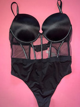 Victoria&#39;s Secret L TEDDY bodysuit one-piece BLACK SATIN CRYSTAL shine s... - £92.87 GBP