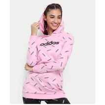 Adidas Graphic Logo Print Hoodie French Terry Tunic Hoodie Pink Black Sz XS - $18.49