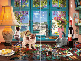 Cats Wine Puzzle ocean view harbor beach ceramic tile mural backsplash medallion - £45.77 GBP+