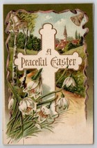 Peaceful Easter Greetings Beautiful Cross Flowers Church Gilded Postcard L22 - £7.03 GBP