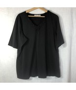 Susan Graver Size 1x Black w Lace Trim Knit Tee Shirt Cotton Blend - £19.48 GBP