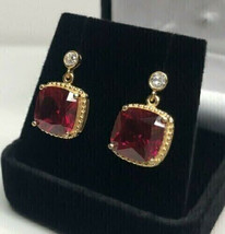 6Ct Cushion Cut CZ Red Garnet Drop Dangle Earrings 14K Yellow Gold Plated Silver - £91.33 GBP