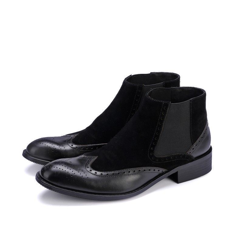 NEW Men's Black Chelsea Brogue Boot,Wing Tip Suede Leather High Ankle Boots Hand