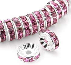 10 Spacer Beads Rhinestone Spacers Crystal Pink Silver 6mm Sparkle Jewelry  - $55.32 MXN