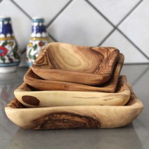 Stunning Set of 4 Olive Wood Rectangle Shaped Bowl, Hand Crafted Wooden Heart bo - £75.09 GBP