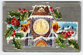 New Years Day Postcard Clock Tower Bells Festive Holiday Greetings Embossed 1910 - £8.73 GBP