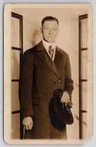 RPPC Handsome Gentleman in Overcoat with Hat Gloves Real Photo Postcard I27 - £9.58 GBP