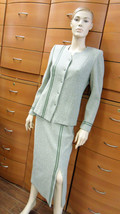 CLASSIC OFFICE SKIRT SUIT European Sage Wool Mid-Calf Skirt Set Button J... - $126.65