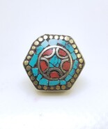 Boho Tibetan Brass Ring with Turquoise and Coral Inlay – Handmade Ethnic... - $50.00
