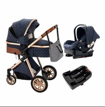 Luxury 3in1 Denim Blue Eggshell Folding  Baby Stroller Bassinet Car Seat... - £300.02 GBP